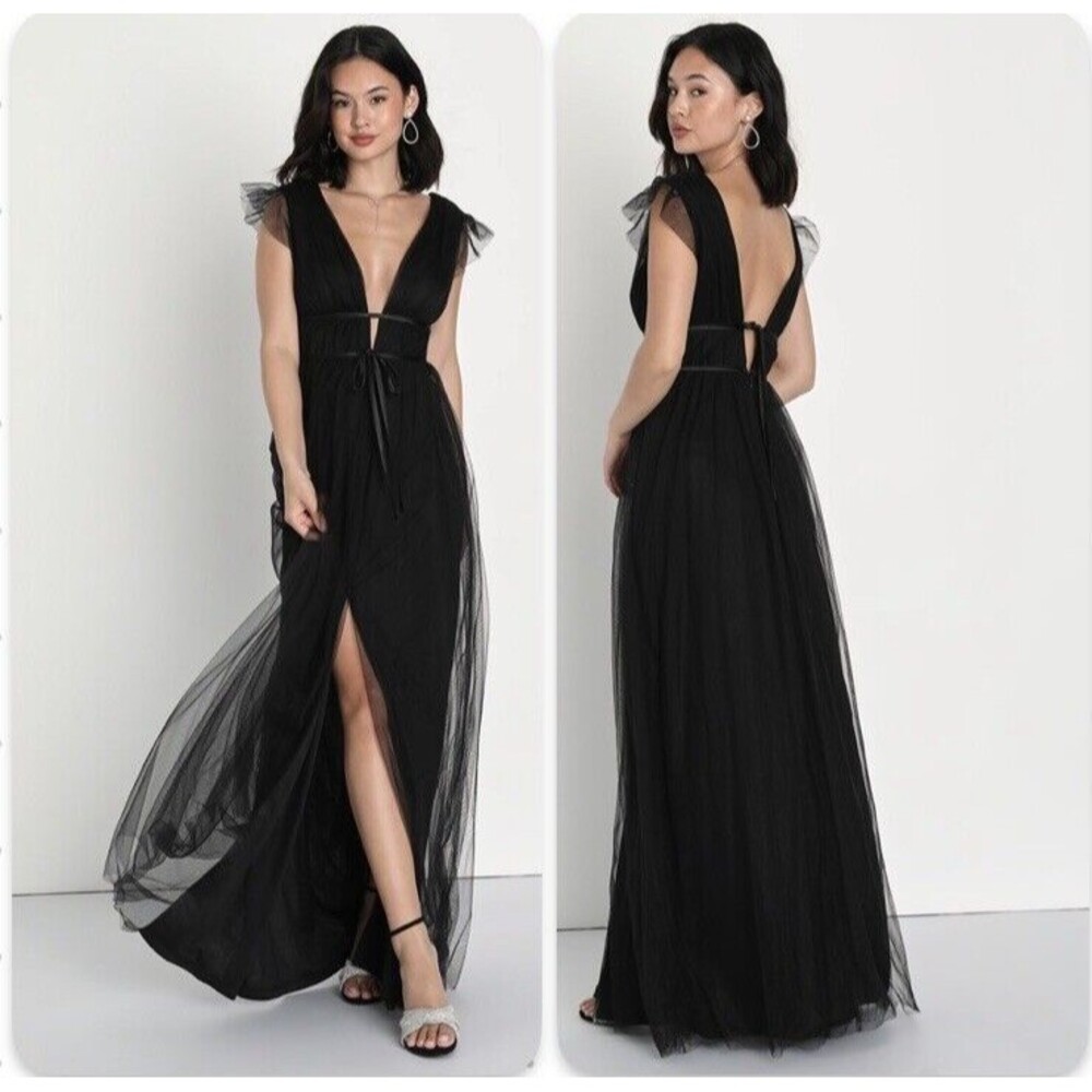 Lulus I'm All Yours Black Tulle Ruffled Maxi Dress NWOT Size XS